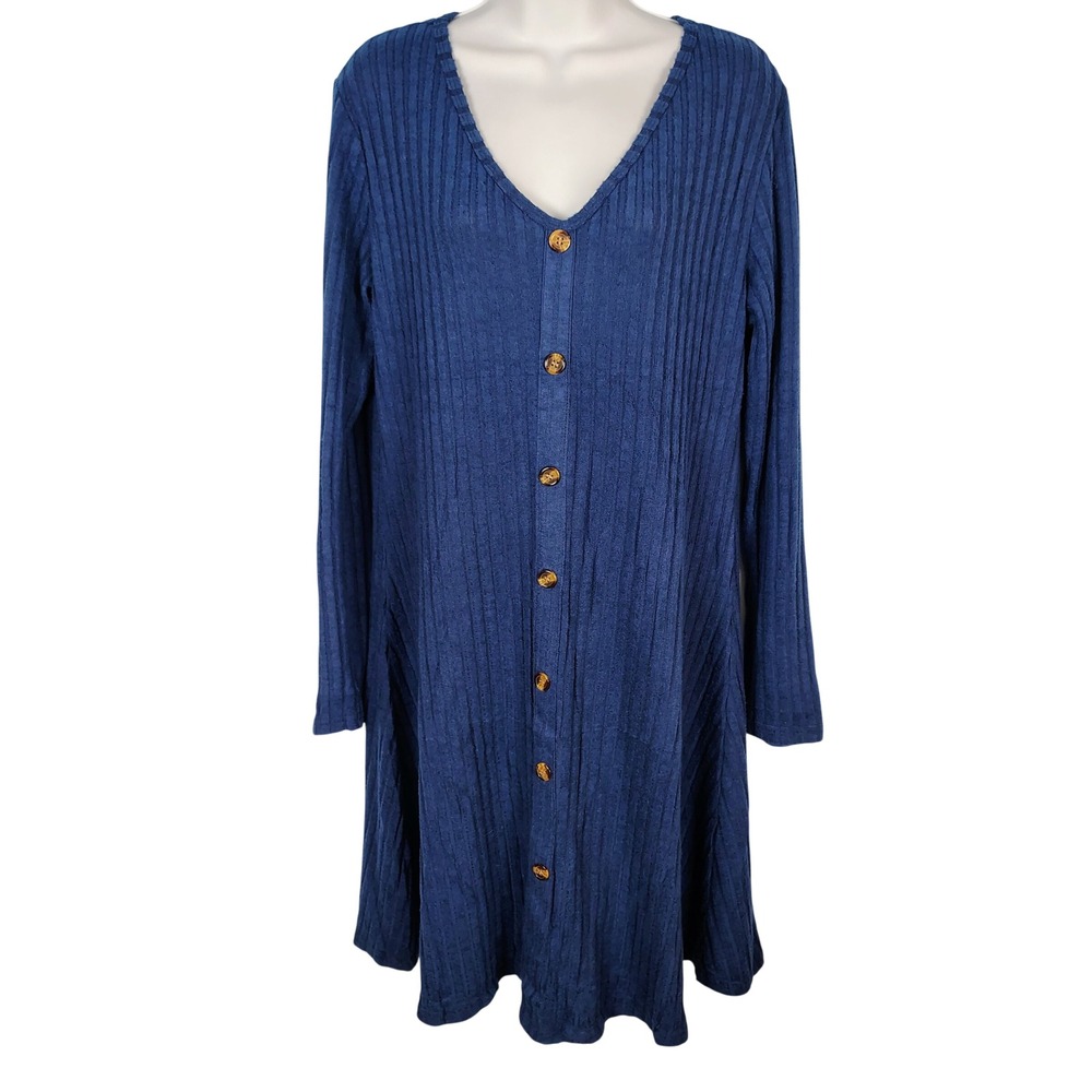 Molerani Blue Ribbed Knit Button Front‎ Long Sleeve Swing Dress XL NEW